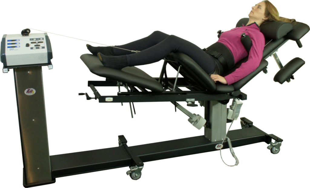 Person lying on a medical traction table with leg support.